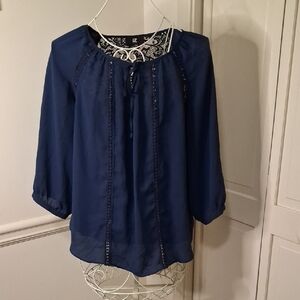 Iz Byer Navy Blue Blouse with Lace Detail
